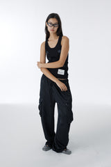 SATIN WIDE CARGO PANTS	(BLACK)