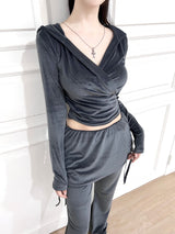 1073. Velvet V wrap hood top (3color)