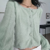 Luwan Fluffy Angora Square Neck Knit Cardigan