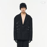 RELABEL Black Multi-Zipper Placket Structure With Exposed Pockets, Loose and Casual Suit