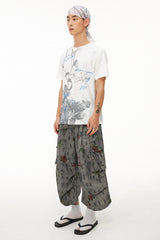 ブラックアンドホワイト花柄プリント半袖Tシャツ