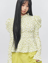 Flower Pattern Crease Ruffle Blouse Yellow