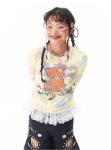 sillysisかわいい小熊イラスト 柔らかい黄色のレースで宮廷風の裾と袖のフリル付き インナー用Tシャツ