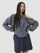 One-shoulder Blanc Ribbon Shirring Detail Top, Charcoal