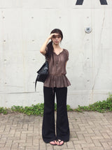 リメ シースルー フリル シャーリング リボン ショートスリーブ ブラウス