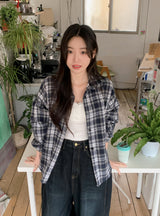 #Deep Blue Vintage Check Loose Shirt