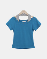 Woven Eyelet Halter Short-Sleeve T-Shirt