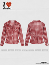 Red checkered shirring long-sleeve shirt