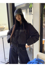 Black beads wool collar short padded coat
