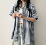 D'ru リネンストライプボクシーフィット半袖シャツ