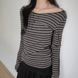 エデットストライプスリムオフショルダー長袖Tシャツ