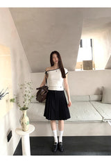 White line ribbed unbalanced off-shoulder top