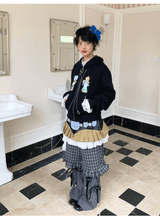 sillysis 青いチェック柄のレースドローストリングポケットパンツ、ゆったりデザイン、金属ボタン、ワイドレッグカジュアルパンツ