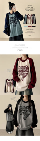 Duka heart color matching Nagrang boxy fit round knit