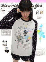 BETWEENAND Autumn Star Color-Contrast Raglan-Sleeve Long-Sleeve T-Shirt for Women, New American Style Fit Top