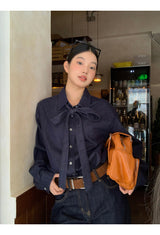 Deep blue bow tie denim shirt