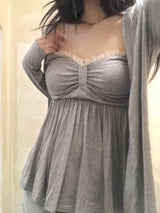 Needs Inner Cap Lace Flare Top & Cardigan SET