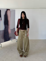 Khaki brown line wide cotton pants