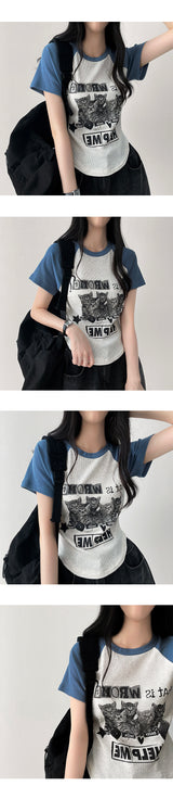 デューリーキャットラグランVネックニットクロップドTシャツ