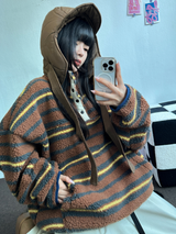 ストライプフリースワンサイドストリングアノラックニットスウェット 💙🩶🧡3COLOR