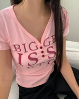 ピュリットレタリングボタンVネック半袖Tシャツ