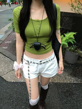 オリーブ ダイアリー ボタン Uネック スリムフィット Tシャツ