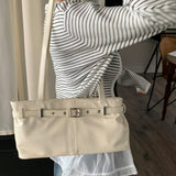[Kyoto Look🌳✨/Airport Bag] ファンシーフェイクレザーベルトスクエアショルダーバッグ トートバッグ トラベルバッグ 4色 [Ivory only]