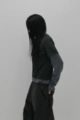 レイヤードストライプクロップTシャツ チャコール