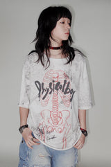 スケルトンレースプリントロールヘム半袖Tシャツ-white