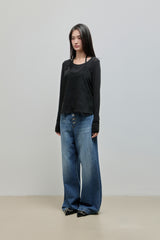 Wide Button Denim Pants