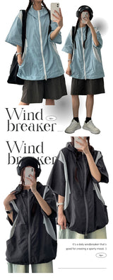 Mutual nylon coloring short-sleeved hooded zip-up