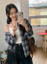#Deep Blue Vintage Check Loose Shirt