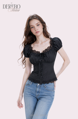 Black lace square short-sleeve blouse