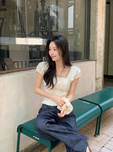 #RS Dot Puff Frill Short Sleeve Blouse + Scrunchie Set