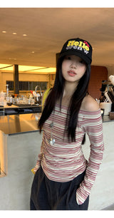 burgundy striped off-shoulder long-sleeve t-shirt