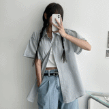 プリーツリネンストライプロールアップ半袖シャツ (5 colors)