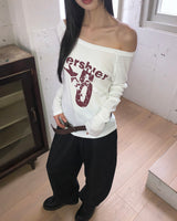 Dua Number Star-printing unbalanced off-shoulder long-sleeve T-shirt