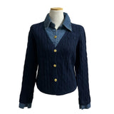 Perry Denim-Layer Cable Knit Long Sleeve Cardigan