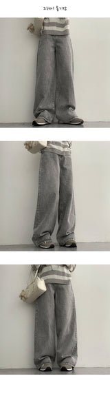 [Basic, Long/S-3XL] Itch back banding washed denim wide pants