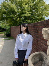 Twill shoulder ribbon shirring loose fit crop shirt (2 colors)