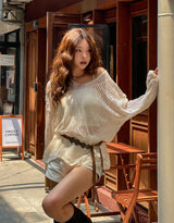 [Cup sleeveless + Belt set] サマーボヘミアンネットニットセット