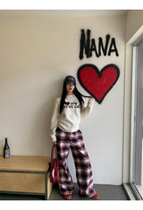 Cotton Check Casual Wide Pants