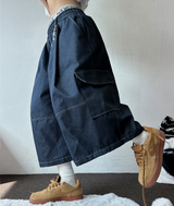 VIVID STITCH BALLOON DENIM BERMUDA 💙🖤🩵2COLOR
