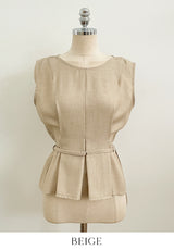 オカンラウンドネックピンタックノースリーブブラウス(ベルトセット)