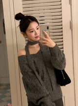 Laura Twist Loose V-neck Wool Knit +Tie Set (6color)