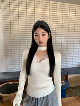 Choker V-neck Lace V-neck Long Sleeve T-shirt