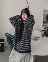Onz Striped Mohair Knit Hood Zip-Up