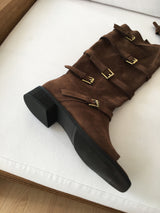 Open toe suede buckle boots