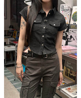 Pocket denim crop shirts(3color)