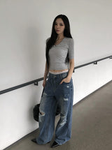 キーティング リブ ロールアップ スリムVネック 3/4スリーブTシャツ